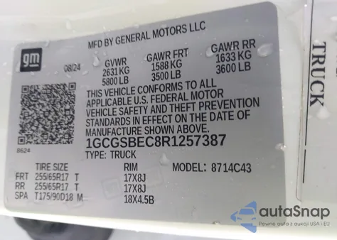 2024 Chevrolet Colorado 2Wd Wt from USA, damaged, VIN 1GCGSBEC8R1257387